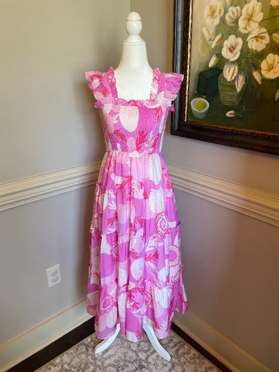 j. marie Dresses & Skirts - J. Marie Pink and White Floral Smocked and Tiered Midi Dress Size S